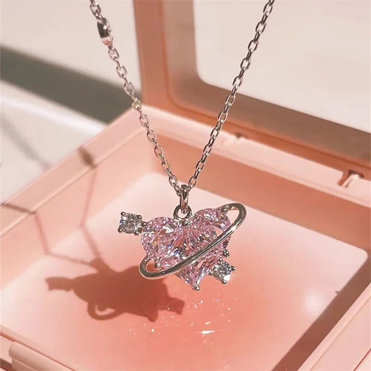 Y2K Pink Planet Heart Zircon Pendant Necklaces Women Fashion Aesthetic Clavicle Chain Necklace Valentines Day Gift Party Jewelry Good Vibrations