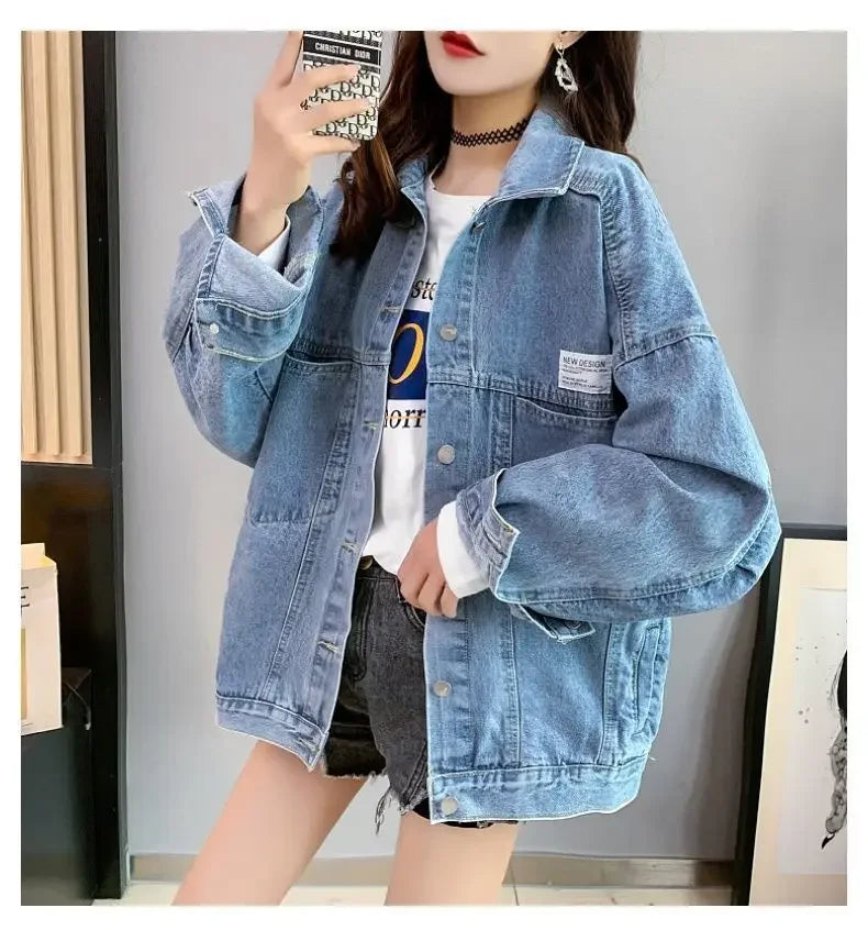 Casual Long Sleeve Denim Shirt Women's Versatile Spring Autumn Wear Multiple Times Outerwear Polyester Fiber Loose Fit Good Vibrations