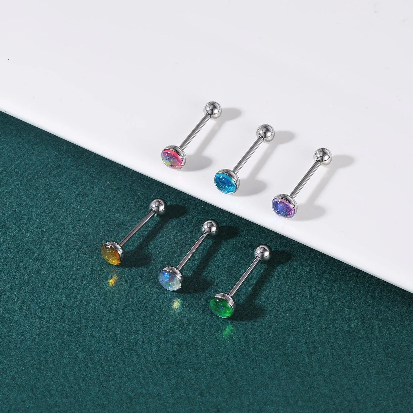 ZS 1Piece 14G Oil Luminescence Tongue Piercing Rings Stainless Steel Tongue Stud Skull Star Studs Earrings BCR Piercings Jewelry Good Vibrations Adult Super Store