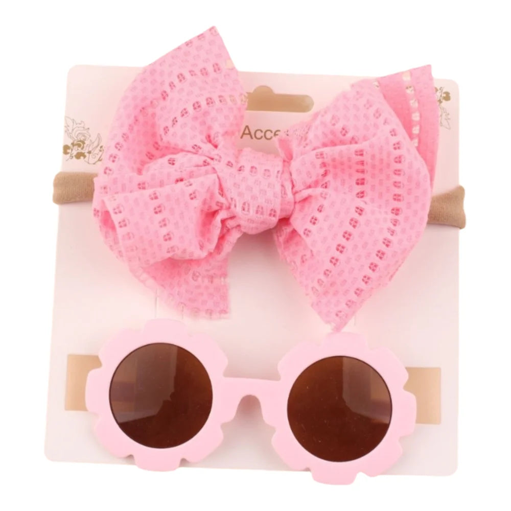 2pcs/set Soft Elastic Children Bowknot Headband Cotton Solid Color Baby Bows Turban Wide Kids Sunglasses Set Girls Headdress Good Vibrations