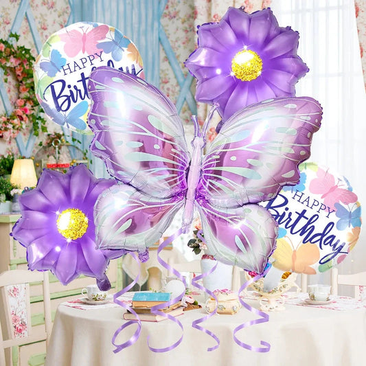5 Pcs Butterfly Foil Balloons Set Purple Sunflower Set Baby Shower Wedding Romantic Butterfly Theme Birthday Party Decorations Good Vibrations