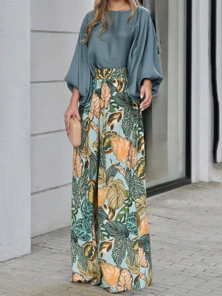 Women's 2 Piece Set 2024 New Fashion Autumn Solid Long Sleeve T-shirts & Digital Print Wide Leg Pants Suit Woman Pants Set Good Vibrations