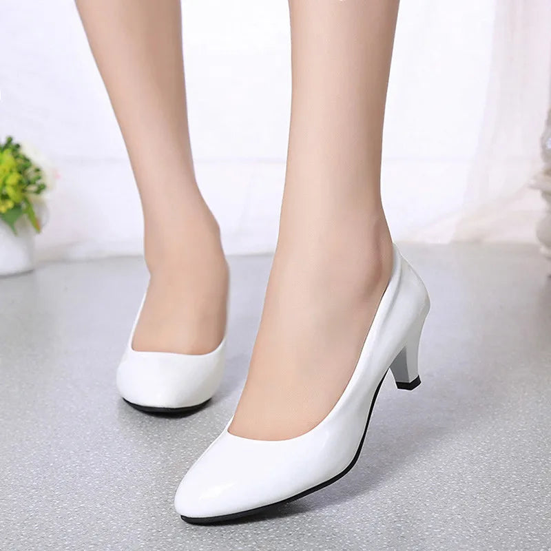 Shoes Ladies Pumps Medium Heel Nude Sexy High Heels Weeding Shoes Women Office Work White Pumps Party Shoes Good Vibrations