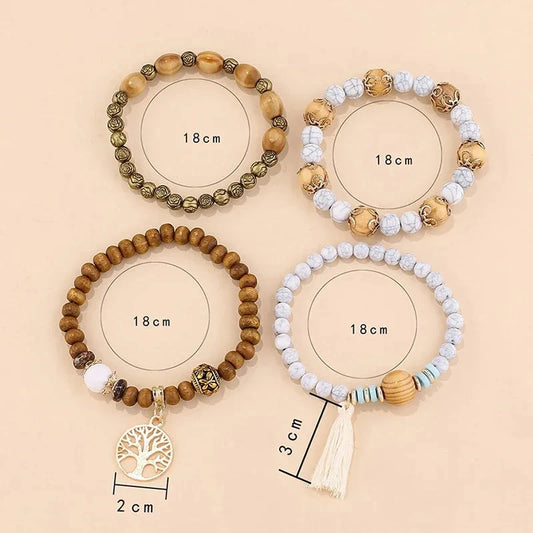 4Pcs/Set Boho Wooden Beaded Bracelet Set For Women Tree Of Life White Tassels Charm Elastic Chain Bangle Lady Bohemia Jewelry Good Vibrations