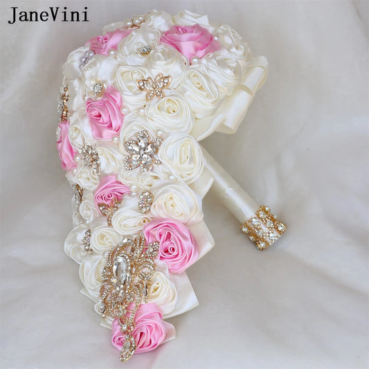 JaneVini Luxury Golden Rhinestones Pink Ivory Cascading Flowers Waterfall Bridal Bouquets Artificial Satin Roses Wedding Bouquet Good Vibrations