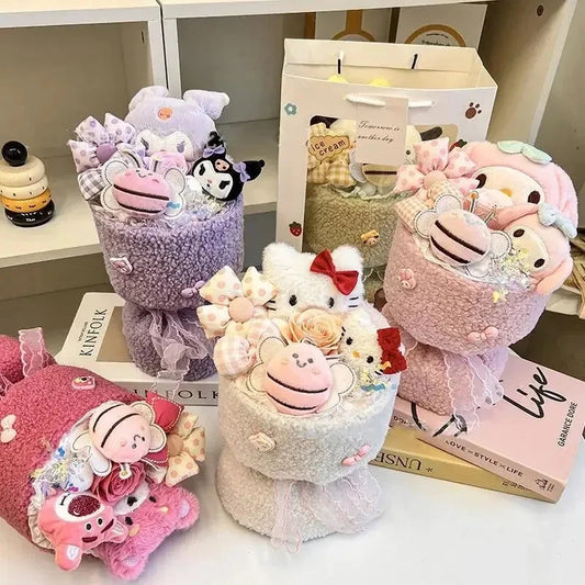 Sanrio Hello Kitty Bouquet Cute Cartoon Plush Doll Flower Cinnamoroll Kuromi My Melody Toys Flower Girl&Child Holiday Gifts Good Vibrations