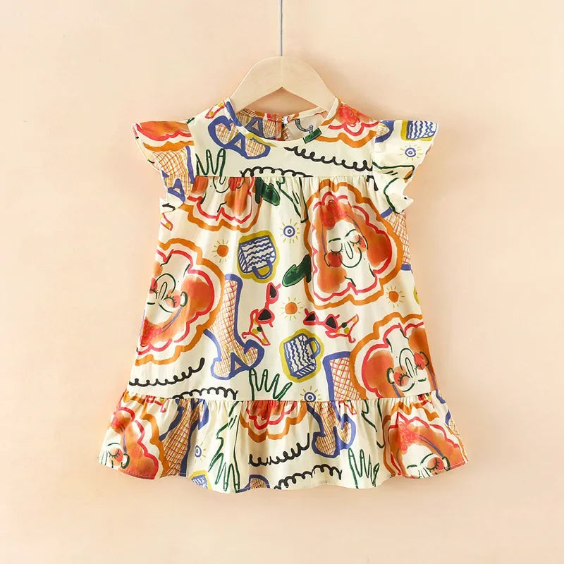 Girl Dresses100% Cotton Children's Clothing Summer Kids Clothes Girls Party Princess Fashion Outfit Flower Pattern Beach Dresses Good Vibrations