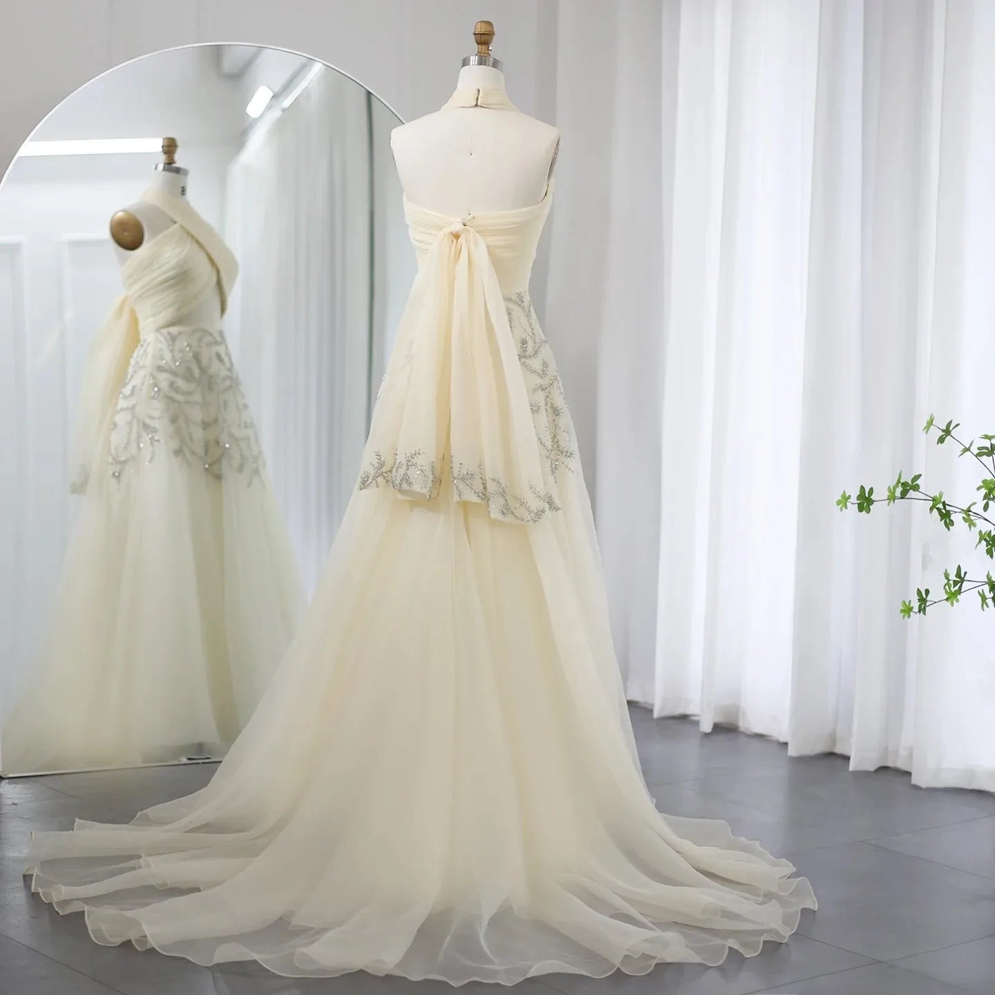 Sharon Said Saudi Arabic Beige Halter Evening Dresses for Wedding Dubai Crystal Long Formal Gowns Party Dress SS444 Customized