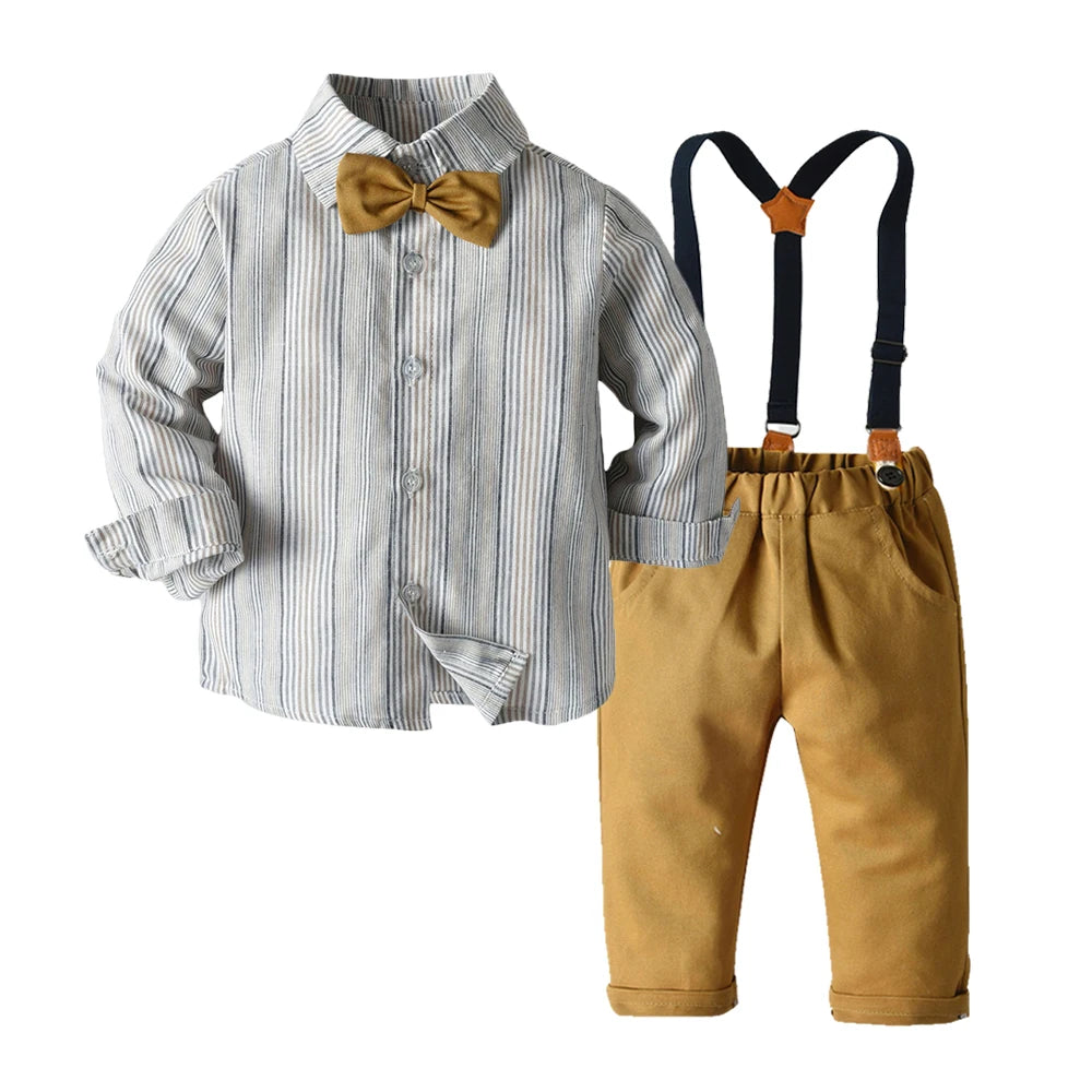 Top and Top Boys Clothing Sets Springs Autumn New Kids Boys Long Sleeve Plaid Bowtie Tops+Suspender Pants Casual Clothes Outfit Good Vibrations