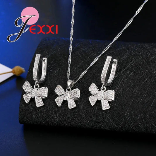 Classic Women Tow Tie Jewelry Sets Full Rhinestone Zircon Statement Necklace Earrings 925 Sterling Silver Set Accessory Good Vibrations Adult Super Store