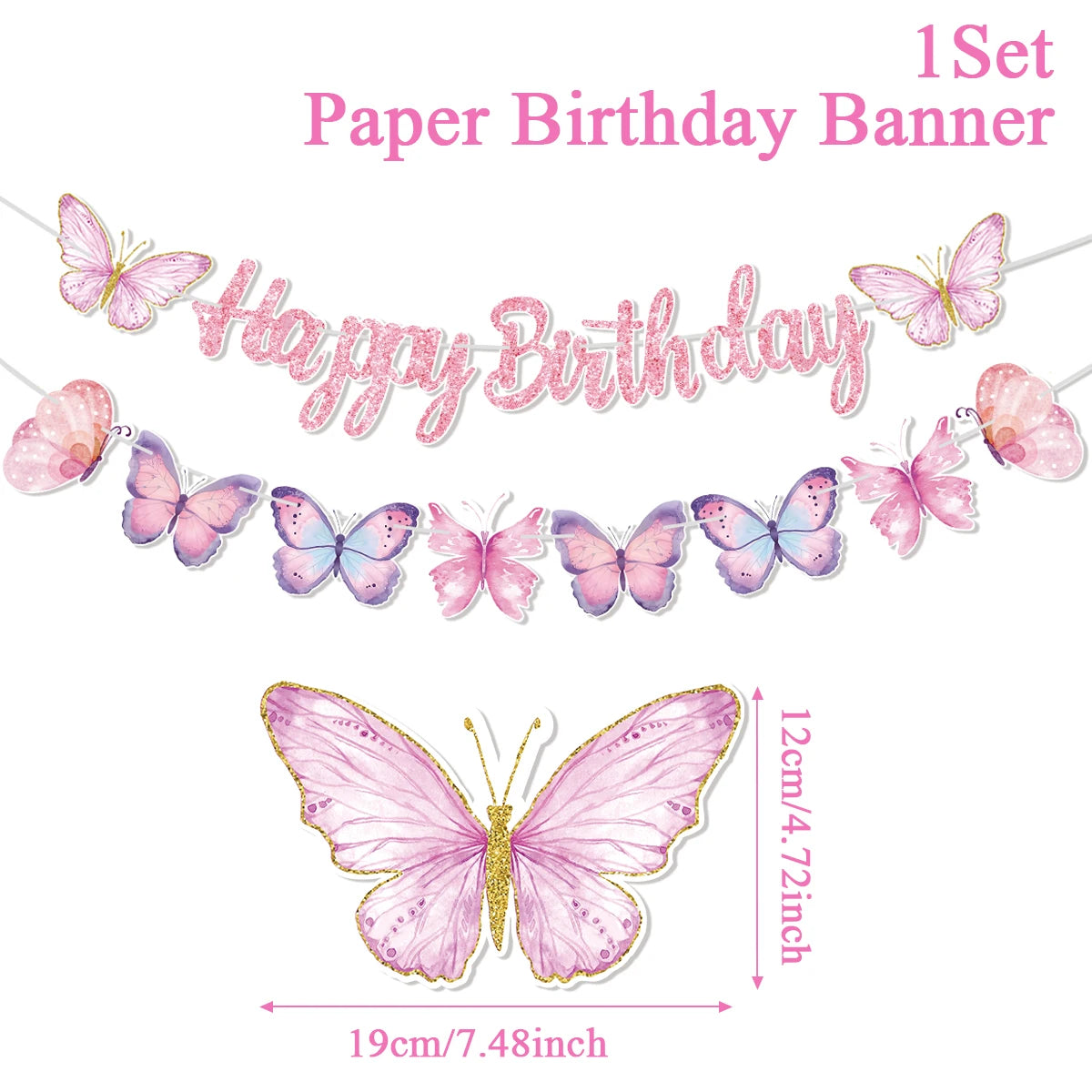 Pink Happy Birthday Banner With Butterfly Dancing Hanging Pendant Garlands  Girls Princess 1st Happy Birthday Party Decorations Good Vibrations