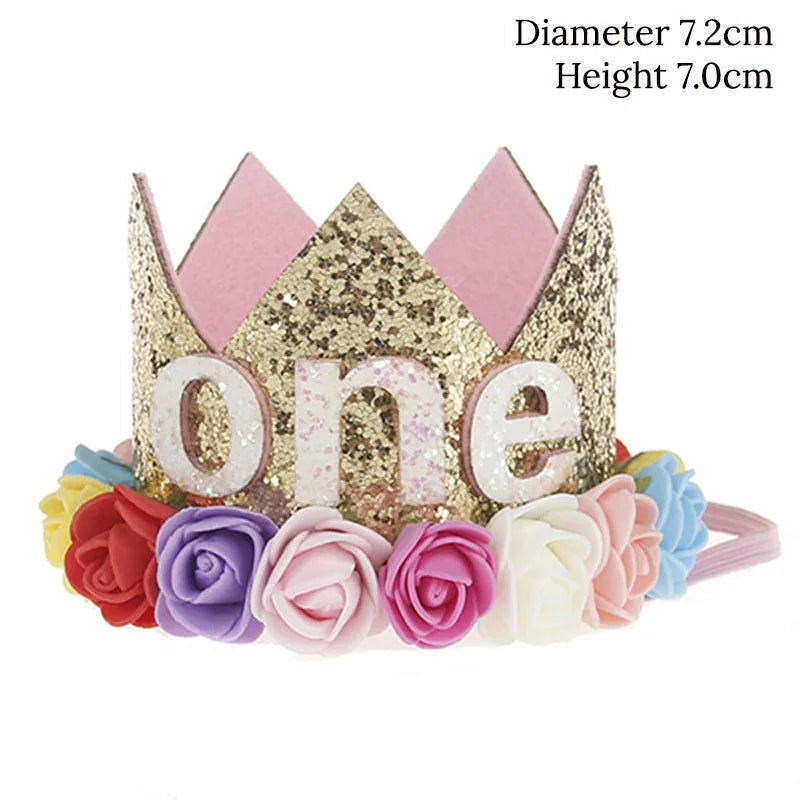 Baby Birthday Decoration Girl 1 2 3 Years Crown Hat Pink White Flower Sequins Crown 1st birthday Photo Prop Happy Birthday Gifts Good Vibrations
