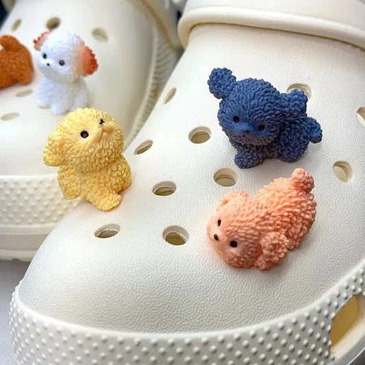 Cartoon Cute Curly Dog Animal Shoe Charms for Crocs Decorations Clogs Pins Slipper Accessories Garden Sandals Girl Kids Gift Good Vibrations