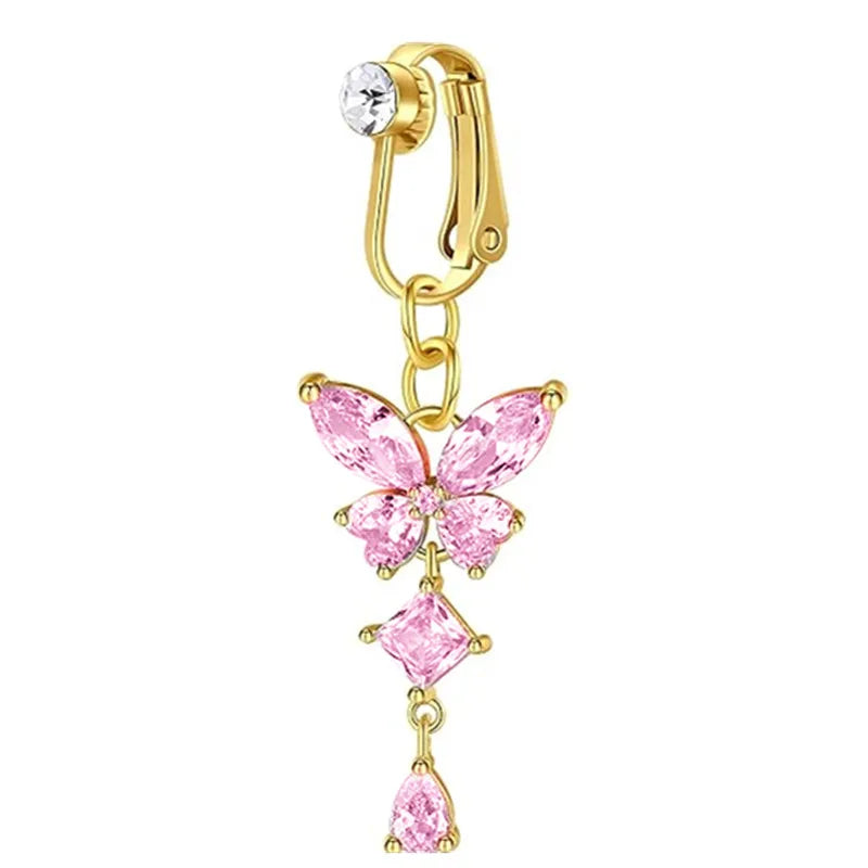 Clip On Belly Button Ring Butterfly Copper Zircon Pink Fake Belly Piercing Umbilical Navel Body Jewelry Trendy Fashion Style Good Vibrations Adult Super Store