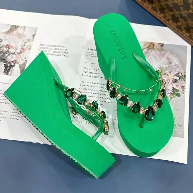 Flip Flops Women New High Heeled Slippers Women Diamond Slope Heel Slippers Elegant Fashion Beach Sandals Womens Sexy Shoes Good Vibrations