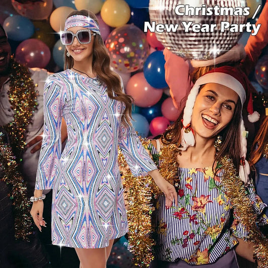 Disfraz 70s Women Disco Dress Hippie Costumes Necklace Earrings Glasses, 60's 70's Birthday Outfits, 1970s Prom Bling Dress Good Vibrations