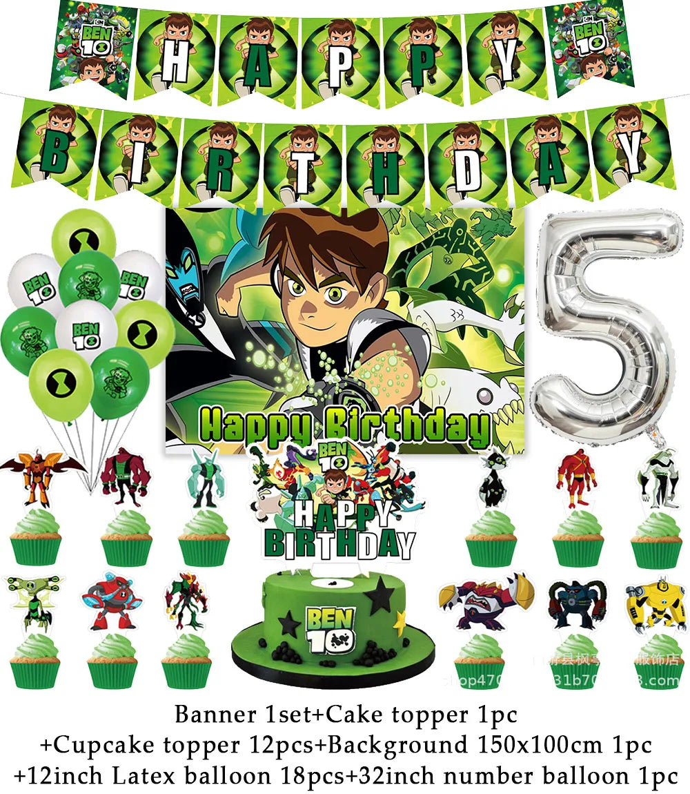 Cartoon Ben-10 Birthday Party Decoration Balloons Favor Set Banner Cake Toppers Baby Shower Boys Gift Party Supplies Photo Prop Good Vibrations