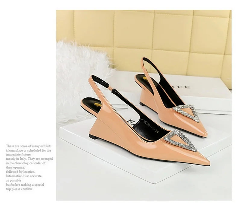 Wedges Women Shoes High Heel Shallow Pointed Toe Hollow Back Straps Patent Leather Triangle Metal Crystal Buckle Pumps Good Vibrations