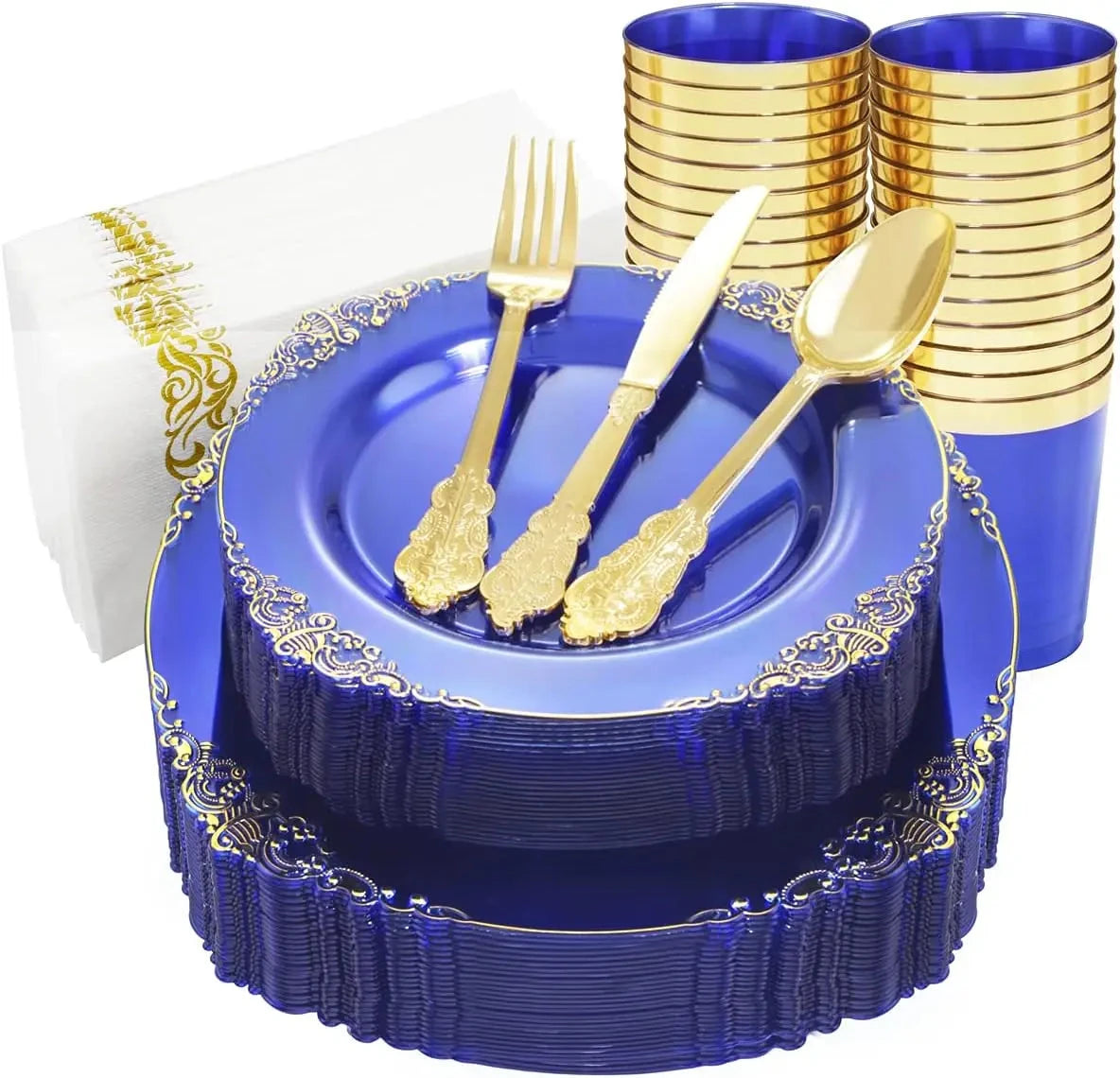 175PCS Blue Gold Plastic Plates Sets, Include 25Dinner Plates, 25Dessert Plates, 25Cups, 25Forks, 25Knives, 25Spoons, 25Napkins Good Vibrations