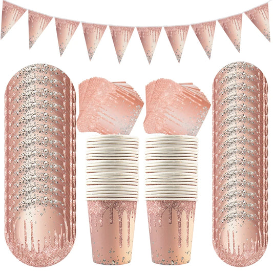 Rose Gold Disposable Tableware Diamond Pattern Paper Cups Plates Straws Table Decoration Wedding Birthday Party Supplies Good Vibrations