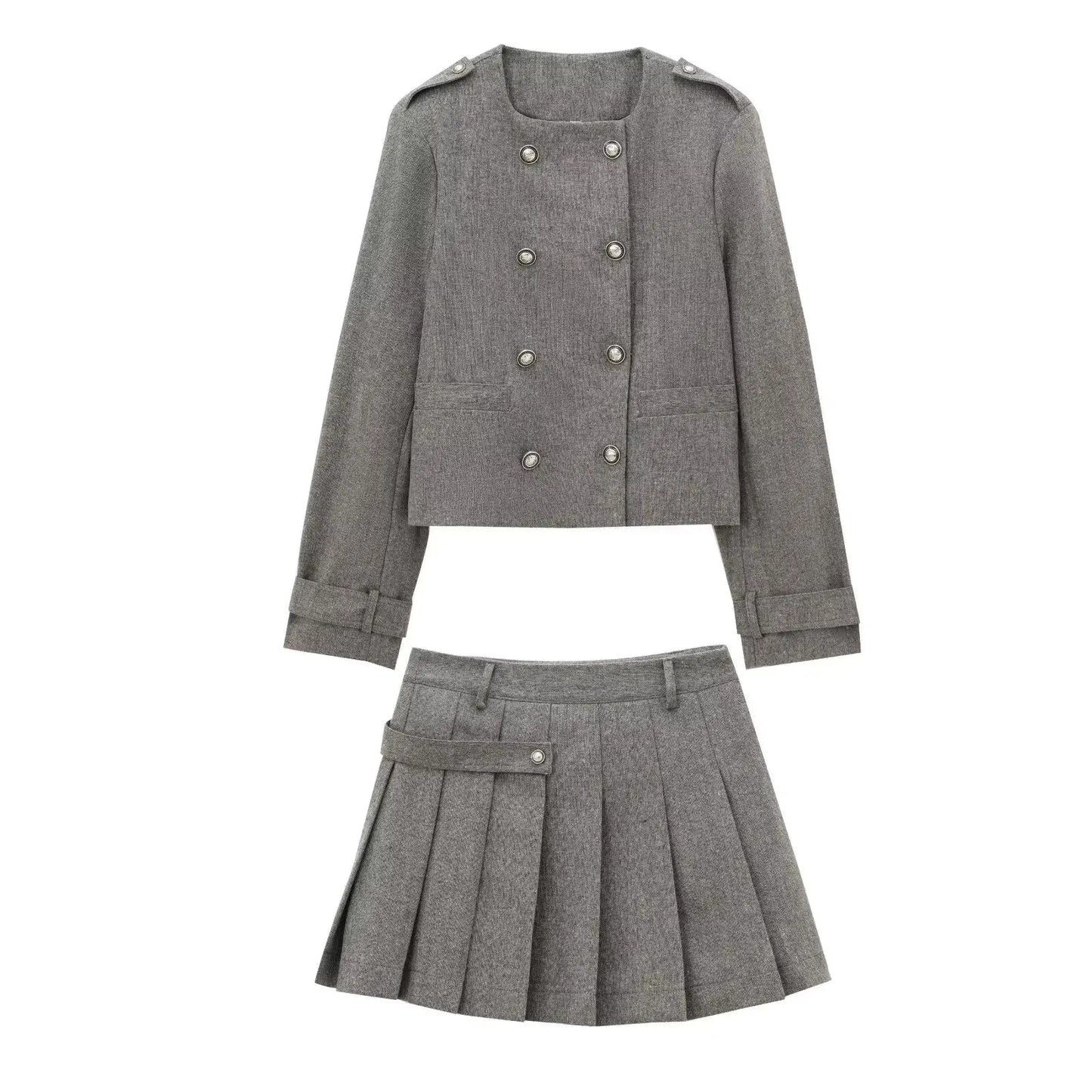 Women Wide Pleated Mini Skirt Sets For Women 2 Pieces Fashion Double Breasted Short Jacket Women 2 Pieces Women Outfit Good Vibrations