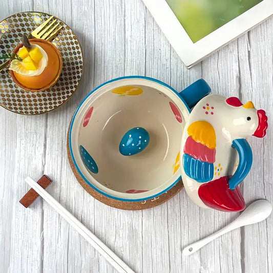 Ceramic Colorful Chicken Shape With lid Bowls Fruit Salad Dessert Soup Instant Noodle Bowl Home Restaurant Kitchen Supplies, 1Pc Good Vibrations