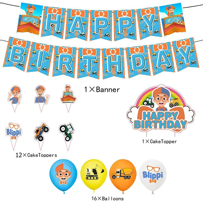 New Blippiing Birthday Party Decoration Foil Balloon Backdrop Banner Cake Topper Baby Birthday Party Supplies Good Vibrations