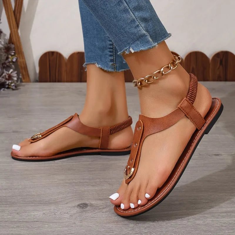 Thong Sandals for Women 2025 Summer Simple Fashionable Flats Elastic Band Outdoor Beach Shoes Casual Ladies Rome Sandals Good Vibrations