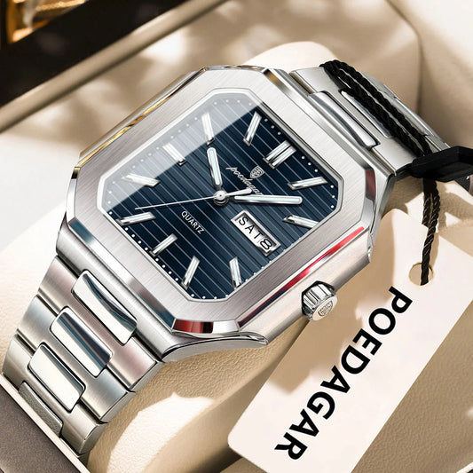 Luxury square men's wristwatch with stainless steel band and luminous date week display
