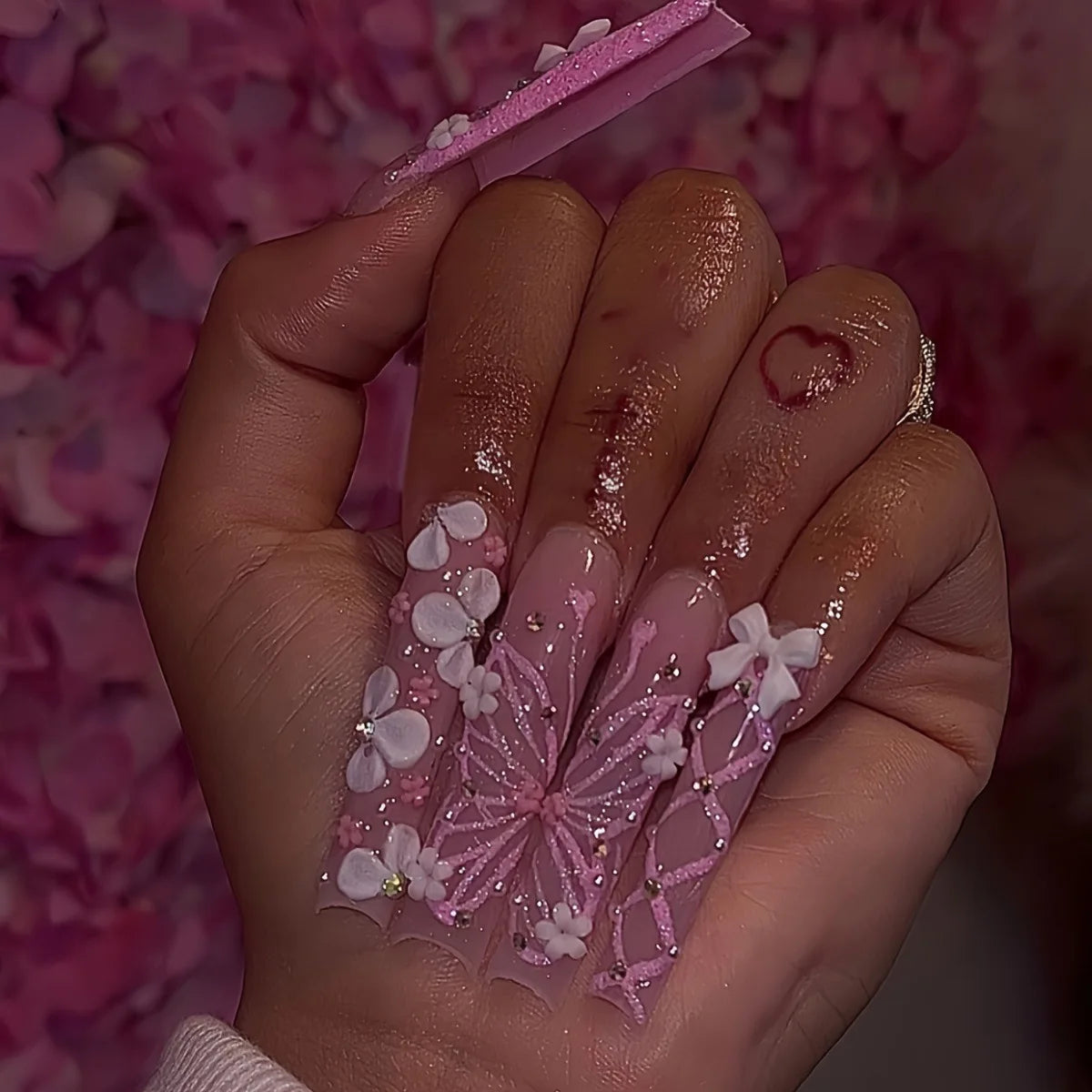 24Pcs Brown Long Coffin False Nails Glitter Ballet Wearable with French Design Fake nails Full Press on Nail Ins Nail Tips Art Good Vibrations
