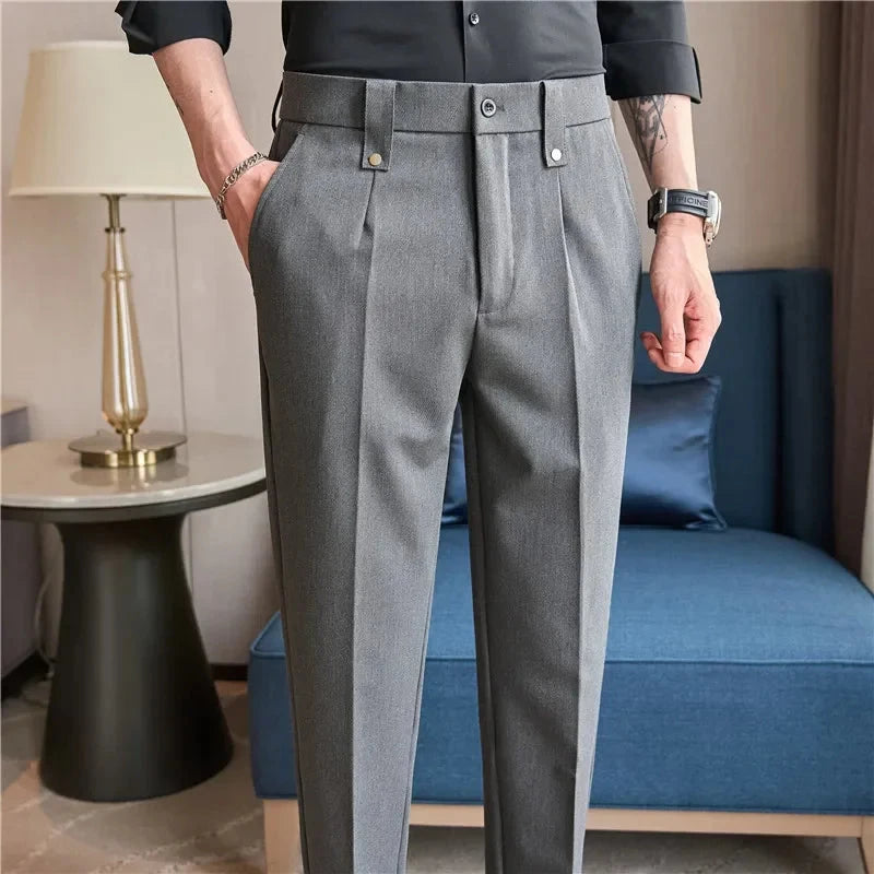 Mens Suit Pants 2025 Autumn New British Style Elastic Waist Solid Casual Formal Dress Pants Slim Fit Trousers for Men Clothing Good Vibrations