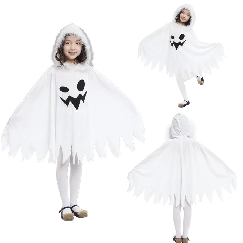 Halloween Kids Cosplay Costume White Elf Cloak Ghost Hooded Cloak Christmas Cloak Boy Girl Cape Clothes Good Vibrations