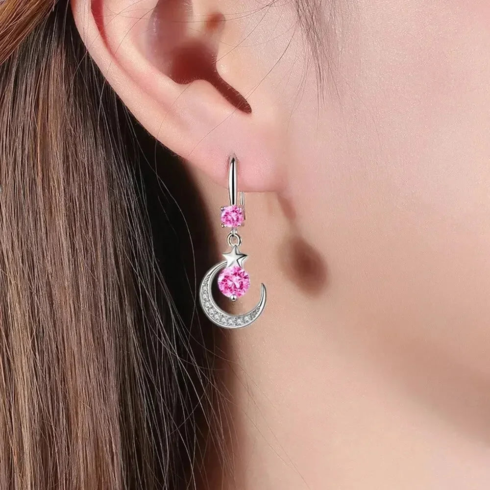 Female Fashion Star Moon Earrings 925 Sterling Silver White Sapphire Pink Blue White Artificial Dangle Earrings Good Vibrations Adult Super Store