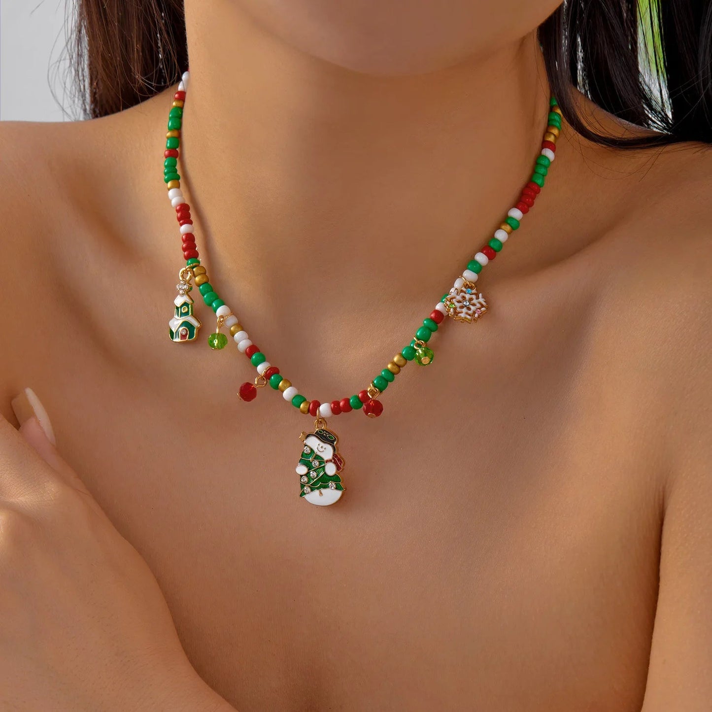 Christmas Necklaces for Women Girls Handmade Rice Beads X'mas Tree Santa Claus Snowman Gift Necklace Pendant New Year Jewelry Good Vibrations
