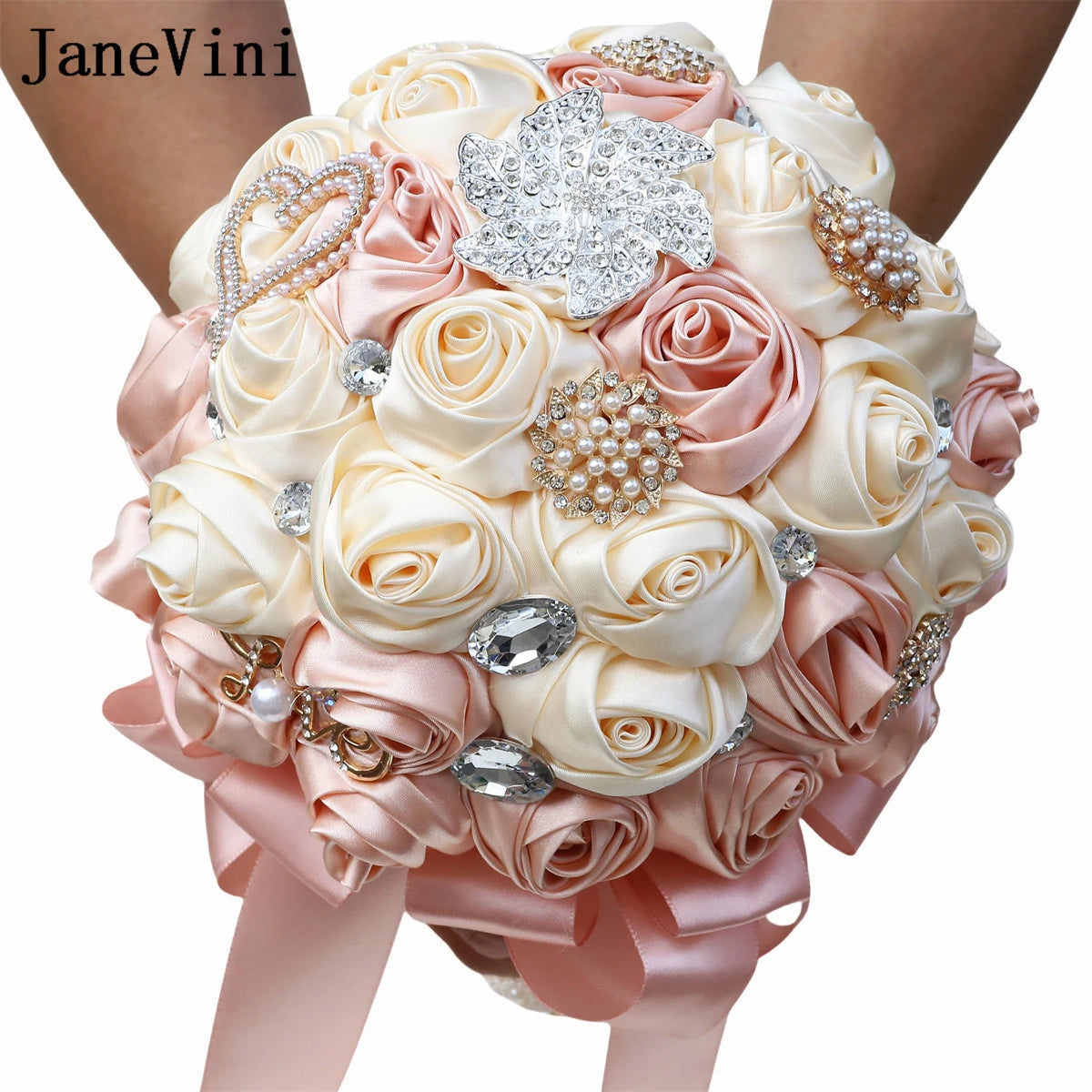 JaneVini Light Pink Roses Bridal Bouquet Elegant Pearl Crystal Lace Handle Bride Flower Ball Wedding Bouquet Bruiloftaccessoires Good Vibrations