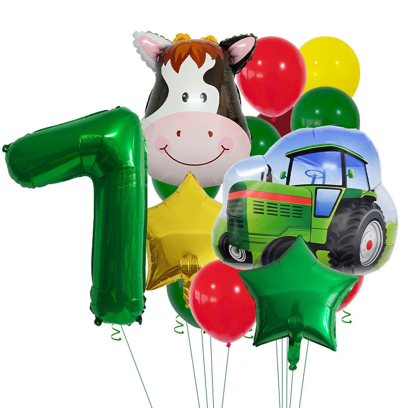 14pcs Farm Themed Tractor Milk Cow Head Balloon 32 inch Green Number Birthday Balloon Set Festive Party Decoration Birthday Gift Good Vibrations