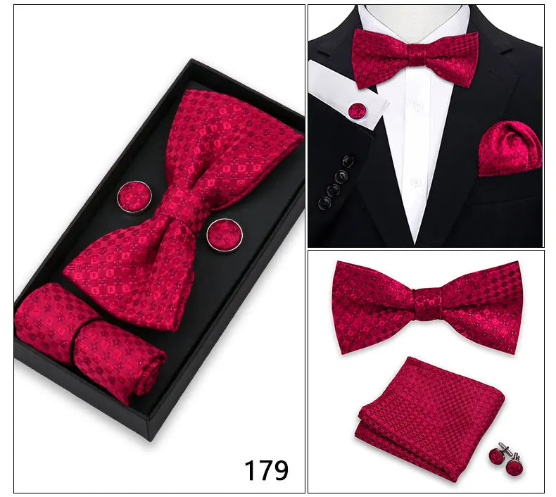 Bowtie For Men Set Gift Box Business Gift Fashion Bow Tie Pocket Square Cufflinks Set Bowtie 3pcs For Wedding Hanky Cravata Neck