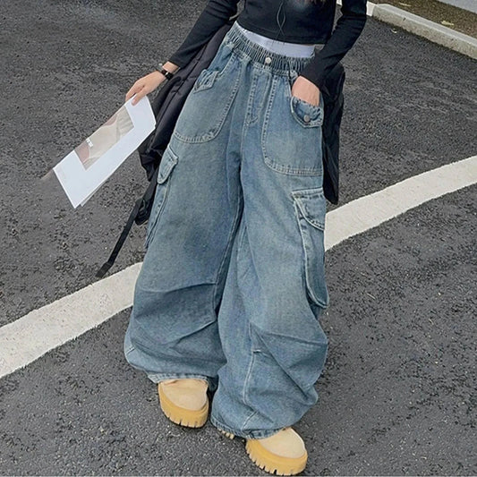 Girls Big Pocket Jeans Fashion Casual Workwear Wide Leg Pants Spring Summer Children Daily Comfy Oversized Trousers Kids Bottom Good Vibrations