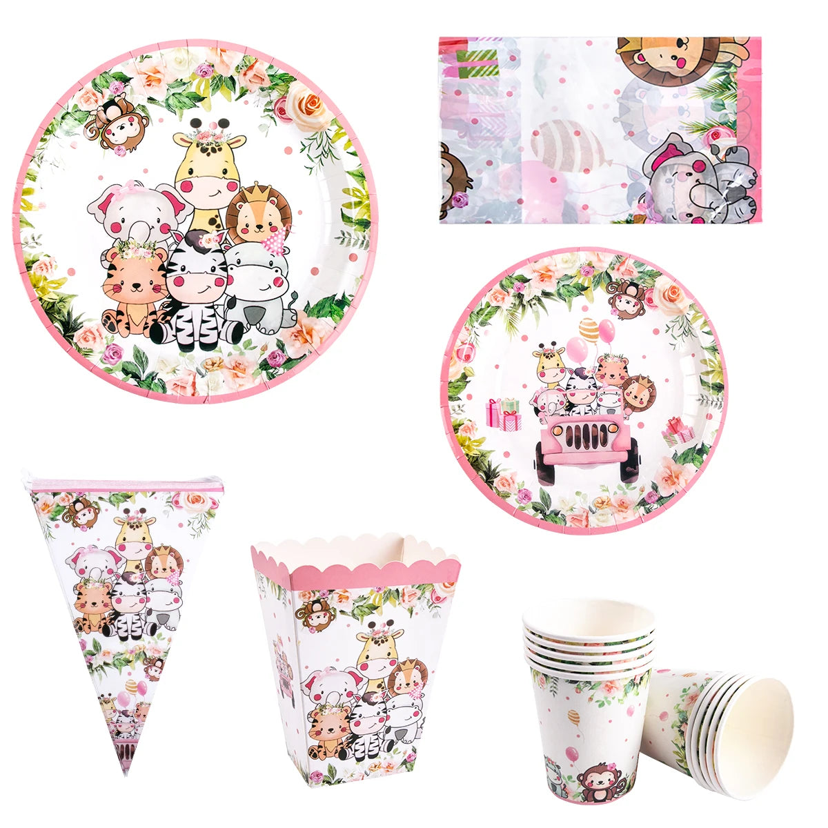 Pink Jungle Safari Birthday Decorations Animal Disposable Tableware Forest Woodland Baby Shower for Girl Birthday Party Supplies Good Vibrations