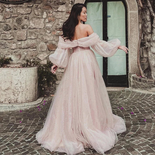 Bafftafe Customized Pink Shiny Tulle Prom Dresses Off Shoulder Long Puff Sleeve Evening Party Gowns Slit Women Wedding Dress Good Vibrations