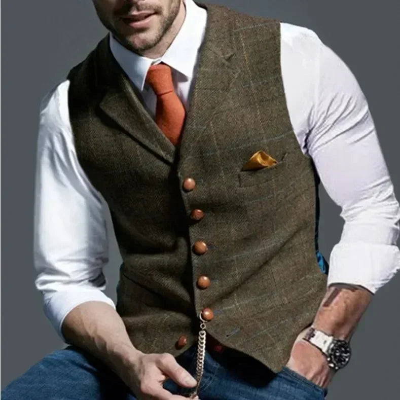 2025 Men's Formal Vests Lapel Tweed Plaid V-neck Waistcoat Slim Vest Business Formal Dress Suit Casual Wedding Tuxedo Male Vest Good Vibrations
