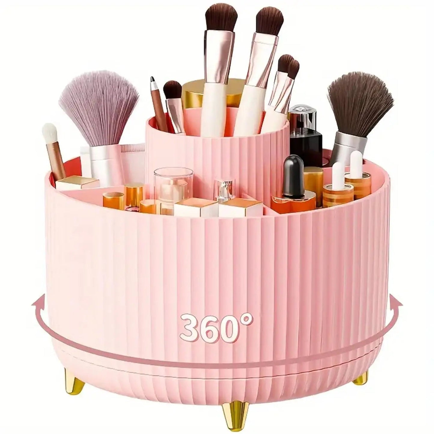 360° Rotating Makeup Organizer - 1pc Plastic Cosmetic Storage with 5 Compartments - Multi-Functional Holder for Brushes Good Vibrations