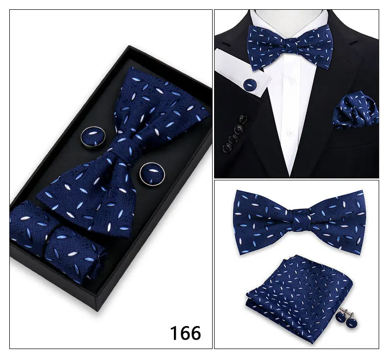 Bowtie For Men Set Gift Box Business Gift Fashion Bow Tie Pocket Square Cufflinks Set Bowtie 3pcs For Wedding Hanky Cravata Neck Good Vibrations
