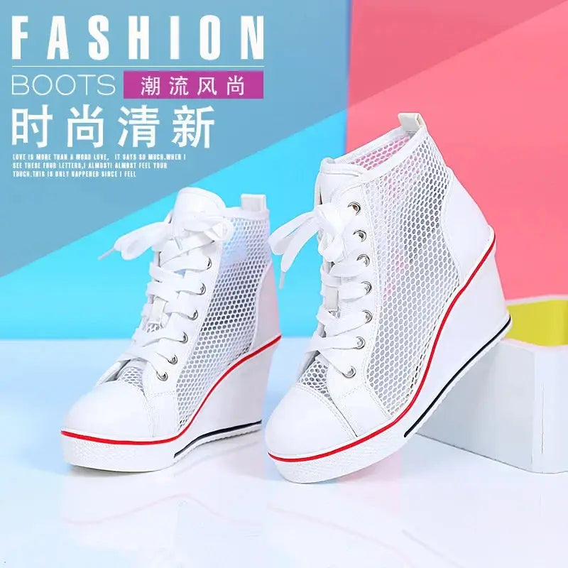 2025 Wedge Heel 8cm Height Increasing Net Shoes Thick Bottom Sandals Women's Casual Lace-up Shoes High-top Hollow Women's Shoes Good Vibrations