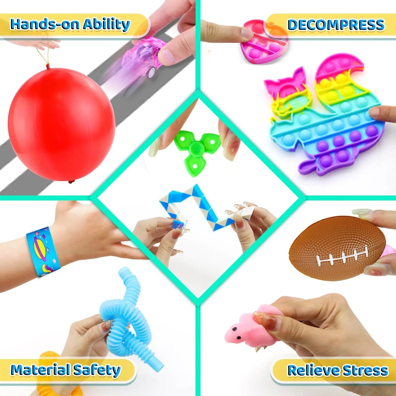 117/124/135pc Kids Birthday Pinata Toys Snap Bracelets Push Bubble Fidget Toys Carnival Prize Pinata Filler Bulk Toys Kids Gifts Good Vibrations