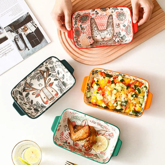 Ceramic Bakeware With Handle Forest Animals Baking Pan Underglaze Kitchen Tableware Salad Bowl Au Gratin Dishes Good Vibrations
