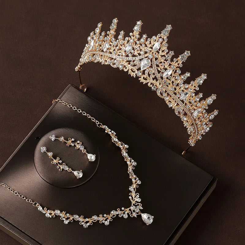 Bridal Wedding Jewelry 4-piece Set, Alloy Crystal Crown&Crystal Necklace&Earrings Women's Classic Wedding Tiaras Good Vibrations