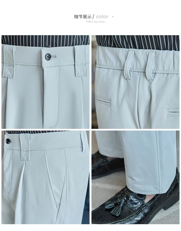 Men Straight Leg Suit Pants Summer Ice Silk Lightweight Elastic Waist Casual Loose Wide-leg Trousers Dress Pants Men Clothing