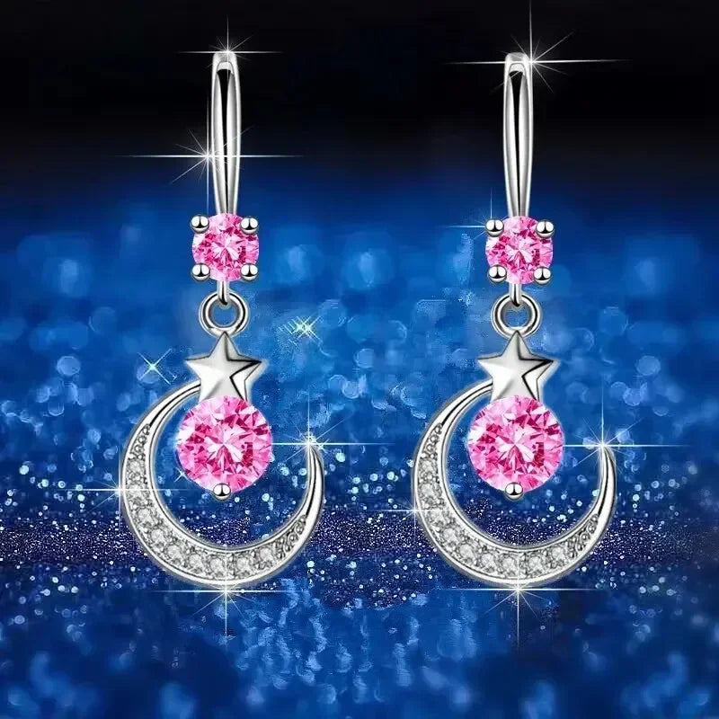 Female Fashion Star Moon Earrings 925 Sterling Silver White Sapphire Pink Blue White Artificial Dangle Earrings Good Vibrations Adult Super Store