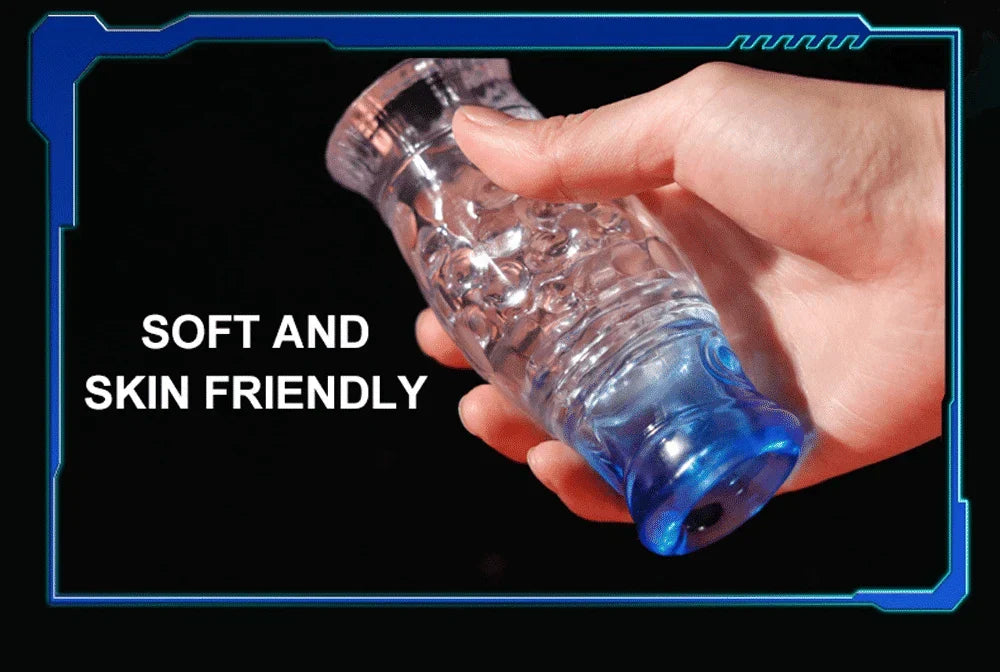 Male masturbator cup, soft silicone, transparent design, hand-held.